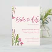 ワイルドフラワーボホピンクフォトウェディング日付を保存 招待状 (スタンド正面)