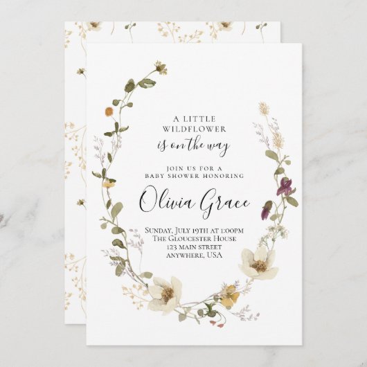 ワイルドフラワーボホフローラリースベビーシャワー 招待状 (正面/裏面)