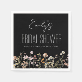 ワイルドフラワーボホブライダルシャワーイン開花ブラック スタンダードカクテルナプキン