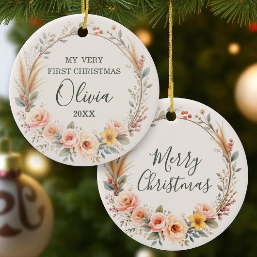 ワイルドフラワーボホベビー初めてのクリスマスパーソナライズ セラミックオーナメント