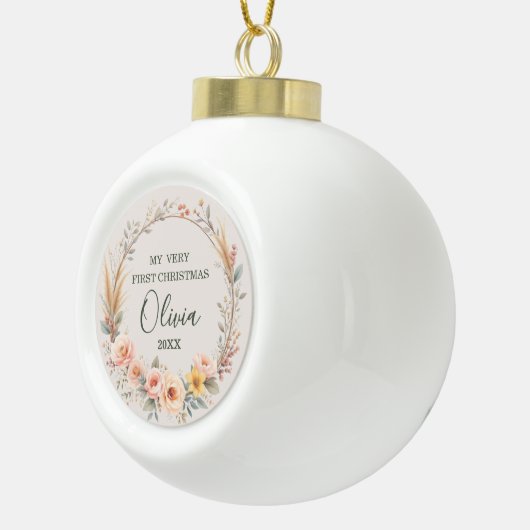 ワイルドフラワーボホベビー初めてのクリスマスパーソナライズ セラミックボールオーナメント (右)