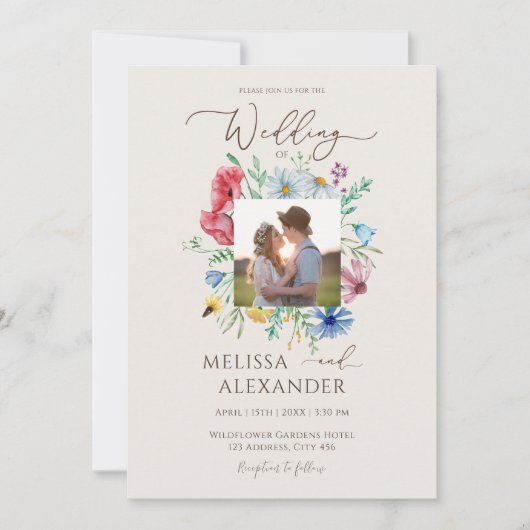 ワイルドフラワーボホーガーデンフローラ写真ベージュ結婚ズ 招待状 (正面)