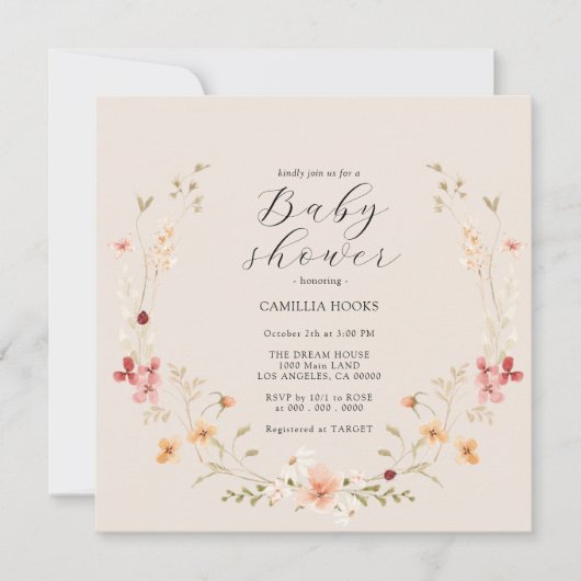 ワイルドフラワーボホーベビーシャワー招待状 (正面)