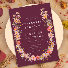 ワイルドフラワーボホーロマンチックブルゴーニュ秋の結婚式 招待状