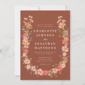 ワイルドフラワーボホー焦げオレンジ秋の結婚式 招待状 (正面)