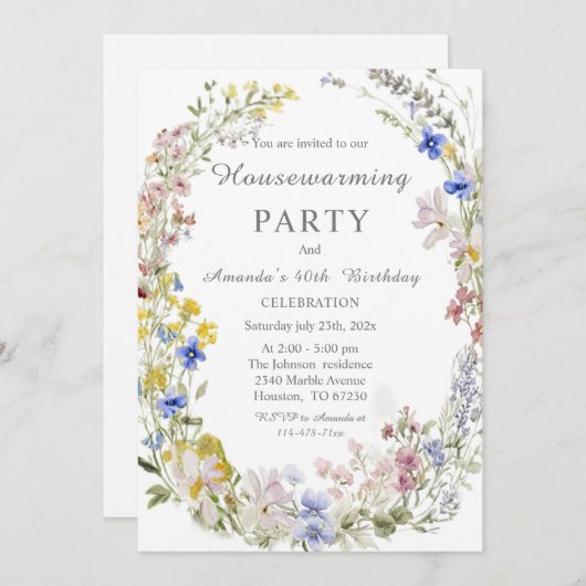 ワイルドフラワーボホ引っ越し祝いパーティーと誕生日 招待状 (正面/裏面)