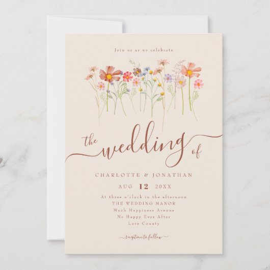 ワイルドフラワーボホ秋ベージュテラコッタQRコード 招待状 (正面)