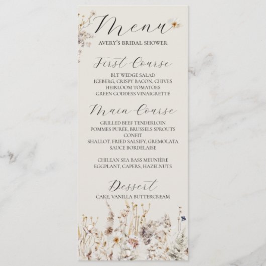 ワイルドフラワーボホ素朴エレガントブライダルシャワー メニュー (正面)