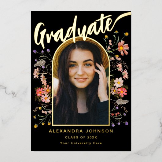 ワイルドフラワーボホ院写真写エレガント真金ゴールド 箔招待状 (正面)