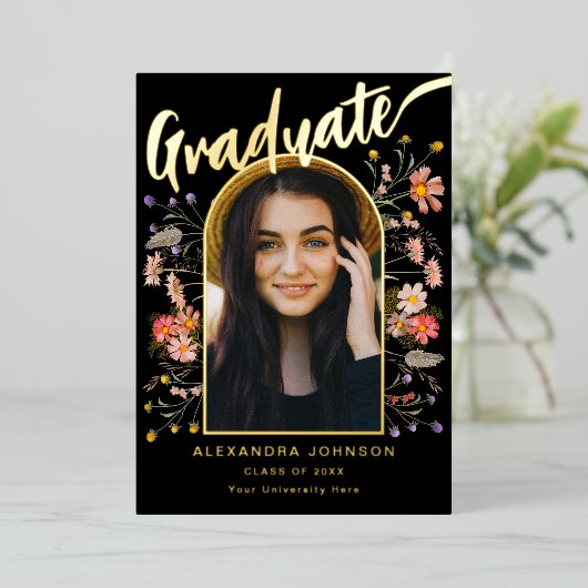 ワイルドフラワーボホ院写真写エレガント真金ゴールド 箔招待状 (立ち正面)