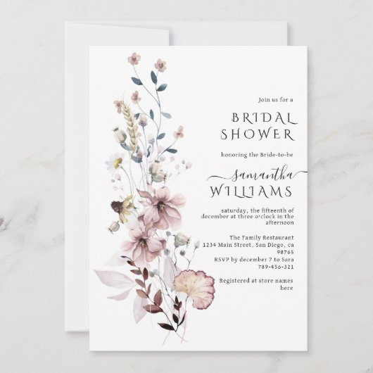 ワイルドフラワーボーホミニマリストモダンブライダルシャワー 招待状 (正面)