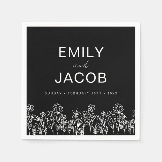 ワイルドフラワーボー結婚ホの開花ブラック スタンダードカクテルナプキン (正面)