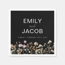 ワイルドフラワーボー結婚ホの開花ブラック スタンダードカクテルナプキン