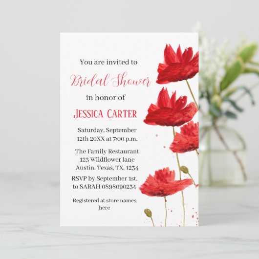 ワイルドフラワーポピーレッドフローラブライダルシャワー 招待状 (スタンド正面)