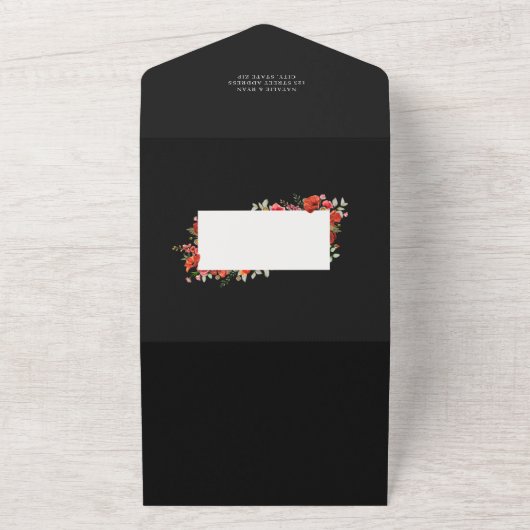 ワイルドフラワーポピー赤フローラ結婚ダークQR RSVP オールインワン招待状 (外側)
