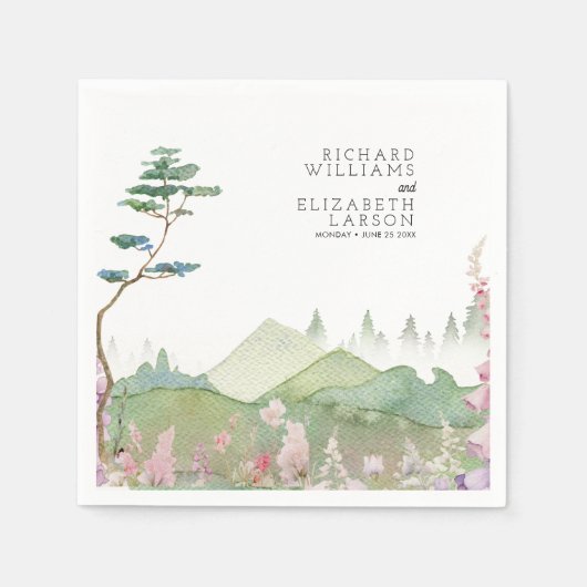 ワイルドフラワーマウンテン結婚ウォーターカラー スタンダードカクテルナプキン (正面)