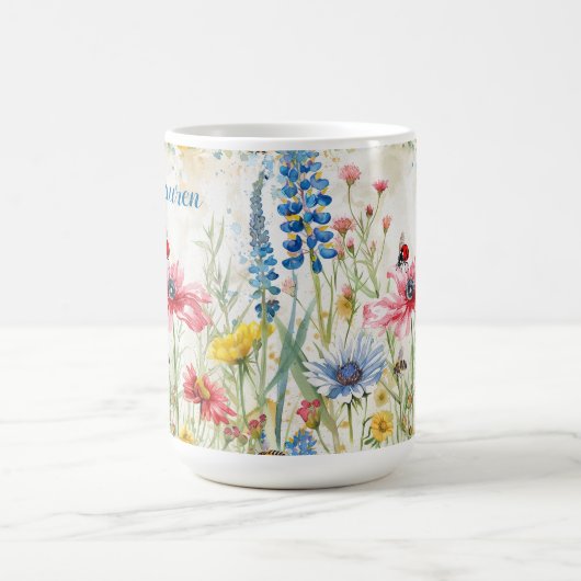 ワイルドフラワーマグレディバグとビーをテーマにしたカスタム コーヒーマグカップ (中央)