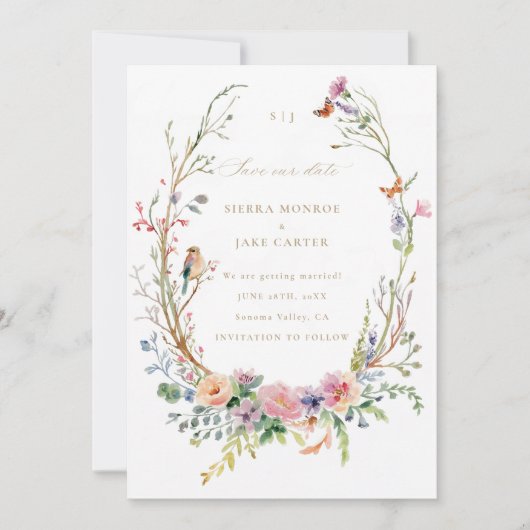 ワイルドフラワーマジカルガーデン結婚フォト救の日付 招待状 (正面)