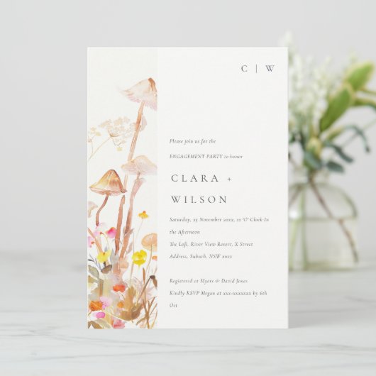 ワイルドフラワーマッシュルームオータムボタニカル婚約 招待状 (スタンド正面)