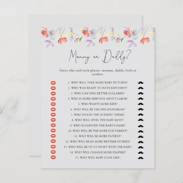 ワイルドフラワーママまたはパパ赤ちゃんシャワーゲーム (正面/裏面)