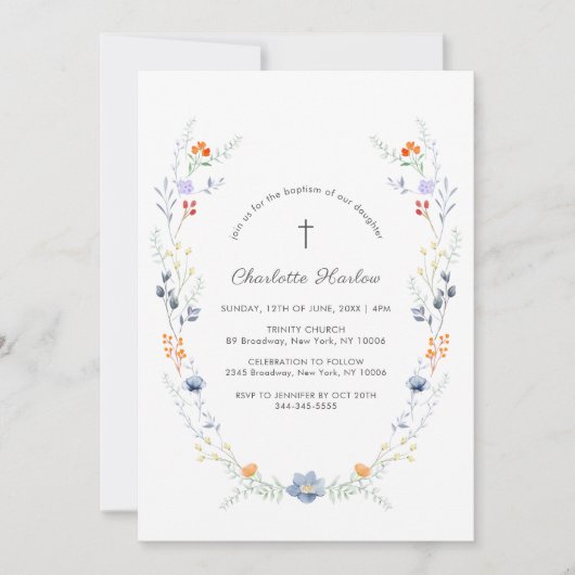 ワイルドフラワーミニマルフローラリースクロスバプテスマ 招待状 (正面)