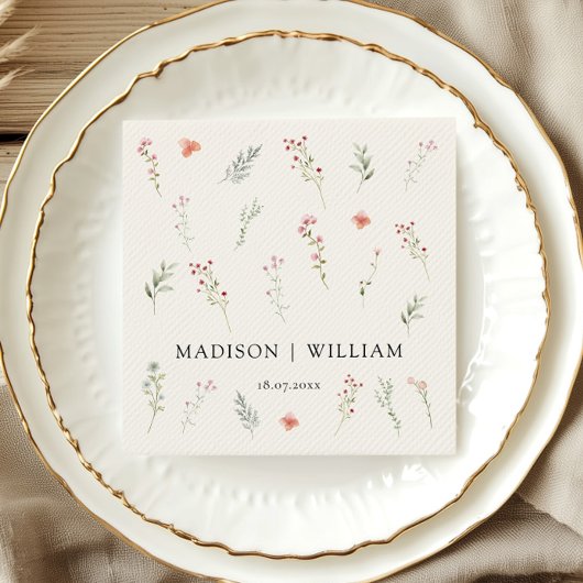 ワイルドフラワーミニマルボホーベージュフローラズ結婚 スタンダードカクテルナプキン