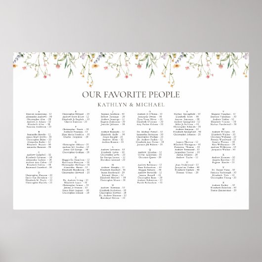 ワイルドフラワーミニマル結婚リストのアルファベットの座席 ポスター (正面)