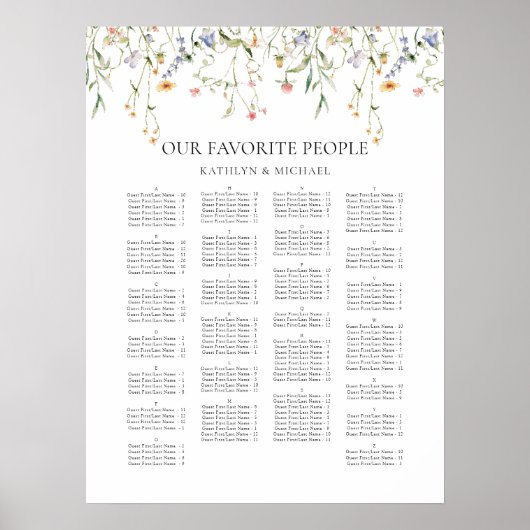 ワイルドフラワーミニマル結婚リストのアルファベットの座席 ポスター (正面)