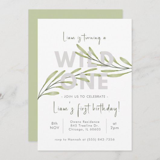 ワイルドフラワーミニマル誕生日招待状 招待状 (正面/裏面)