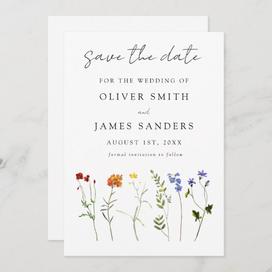 ワイルドフラワーミニマルLGBTQゲイプライドフローラ結婚ズ セーブザデート (正面/裏面)