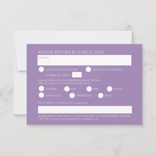 ワイルドフラワーミールのオプション紫色のボホ秋の結婚式 出欠カード (裏面)