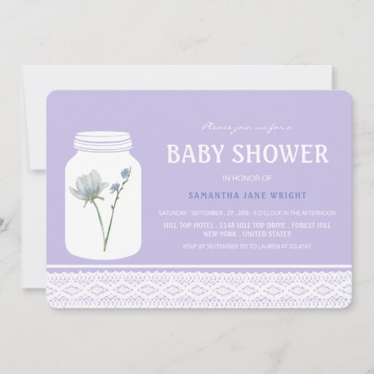 ワイルドフラワーメイソンの瓶とレースの赤ちゃんシャワー 招待状 (正面)