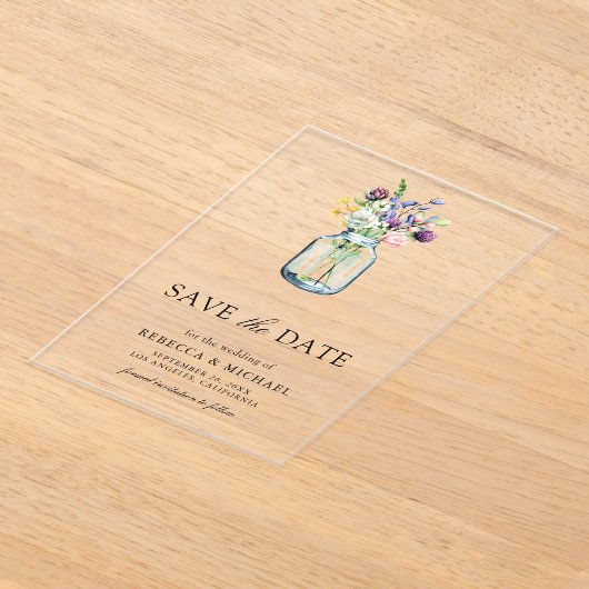 ワイルドフラワーメイソンのjar結婚式の日付を保存 アクリル招待状 (レイダウン)