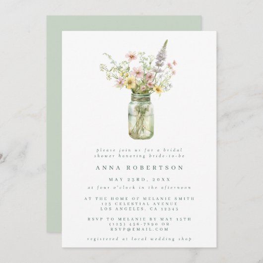 ワイルドフラワーメイソンジャーブライダルシャワー 招待状 (正面/裏面)