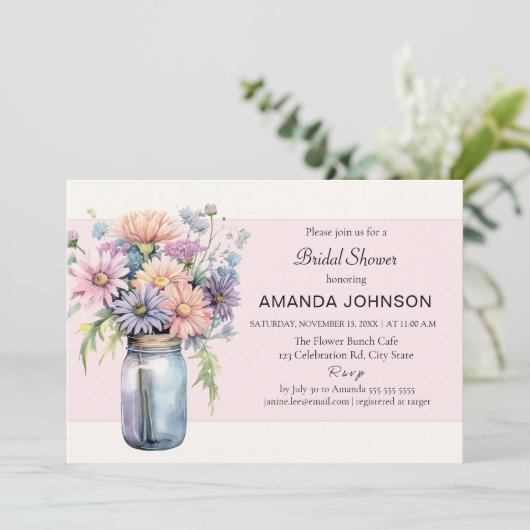 ワイルドフラワーメイソンジャー素朴ブライダルシャワー 招待状 (スタンド正面)