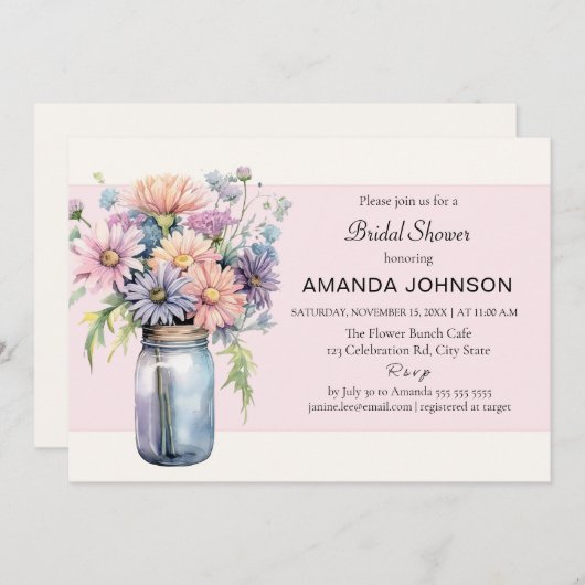ワイルドフラワーメイソンジャー素朴ブライダルシャワー 招待状 (正面/裏面)