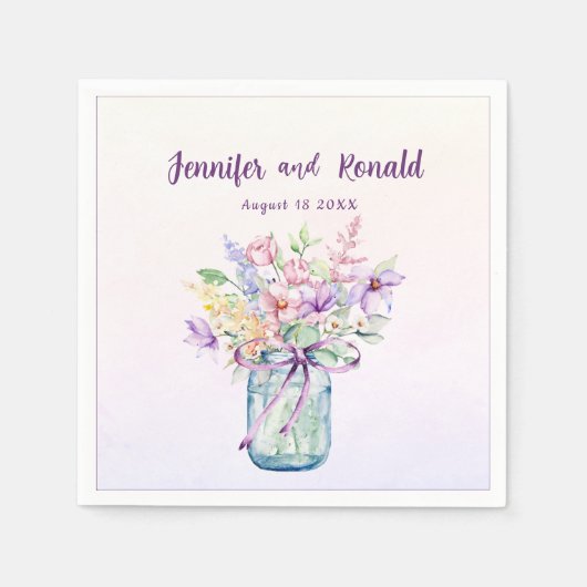 ワイルドフラワーメイソン結婚ジャーパーソナライズされたズ スタンダードカクテルナプキン (正面)
