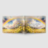 ワイルドフラワーメドウの上の水彩虹のアーチ ゲストブック (全面)