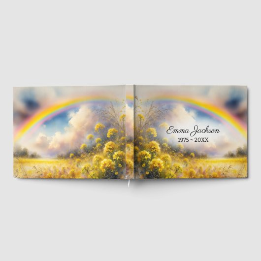 ワイルドフラワーメドウの上の水彩虹のアーチ ゲストブック