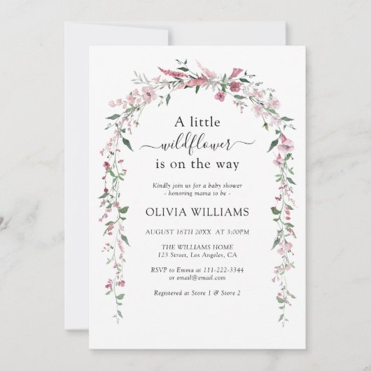 ワイルドフラワーメドウほこりっぽいバラガールベビーシャワー 招待状 (正面)