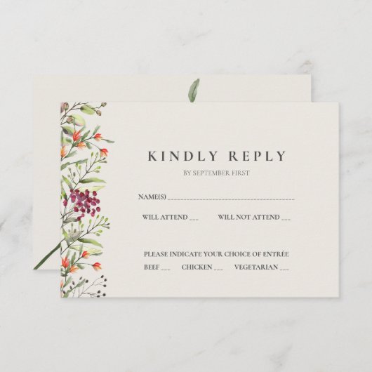 ワイルドフラワーメドウウェディングRSVPカードベージュ色 招待状 (正面/裏面)