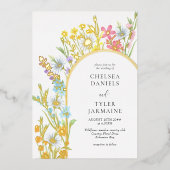 ワイルドフラワーメドウエレガントアーチ結婚フローラの金ゴールド 箔招待状 (正面)