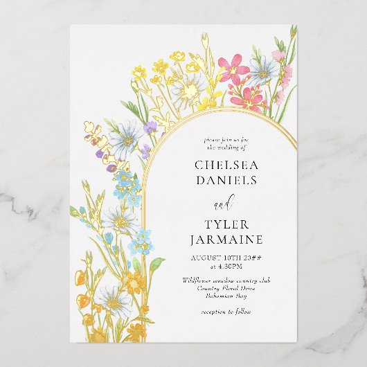 ワイルドフラワーメドウエレガントアーチ結婚フローラの金ゴールド 箔招待状 (正面)