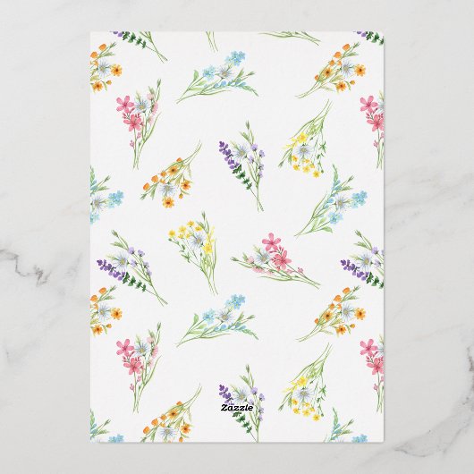 ワイルドフラワーメドウエレガントアーチ結婚フローラの金ゴールド 箔招待状 (裏面)