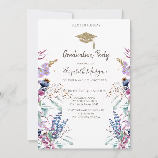 ワイルドフラワーメドウグリッター卒業キャップ 招待状 (正面)