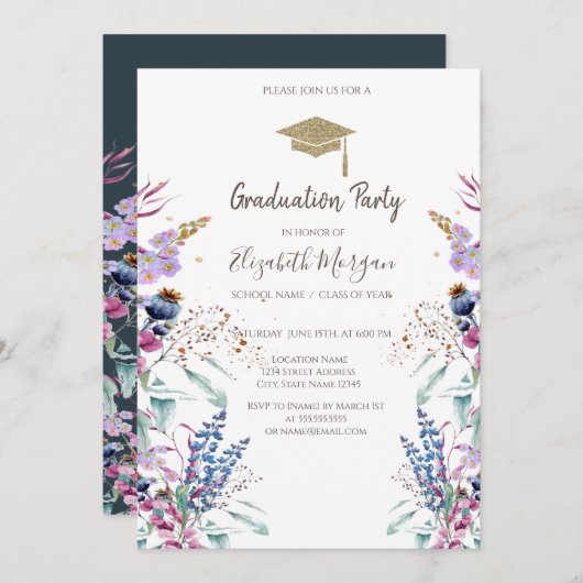 ワイルドフラワーメドウグリッター卒業キャップ 招待状 (正面/裏面)