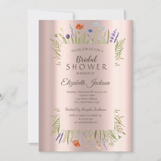 ワイルドフラワーメドウバラ金ゴールドブライダルシャワー 招待状 (正面)