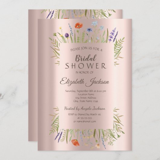 ワイルドフラワーメドウバラ金ゴールドブライダルシャワー 招待状 (正面/裏面)