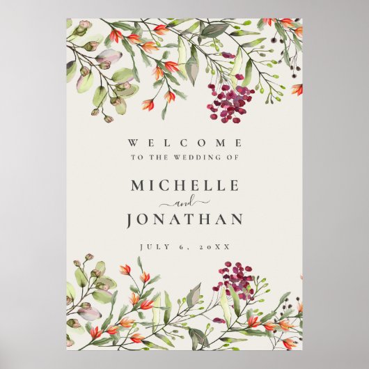 ワイルドフラワーメドウベージュ色結婚のウェルカムサイン ポスター (正面)