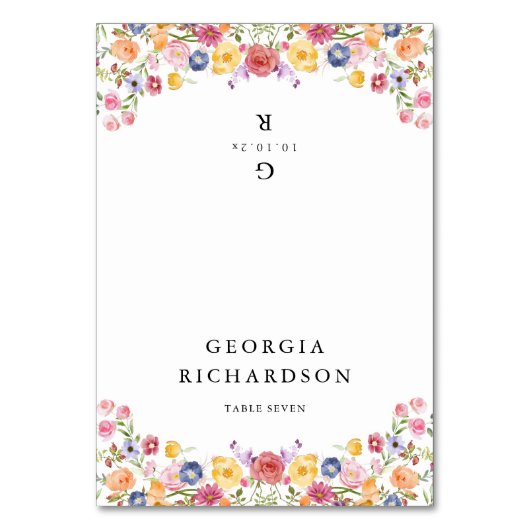 ワイルドフラワーメドウ庭園の結婚式ボホ座席表 テーブルナンバー (正面)